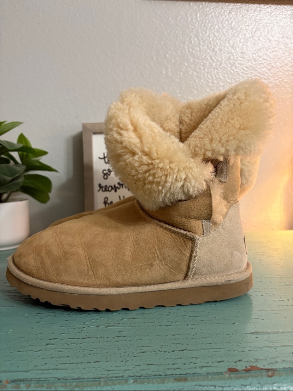 UGG Women's Tan Suede Shearling Cuff Ankle Boot